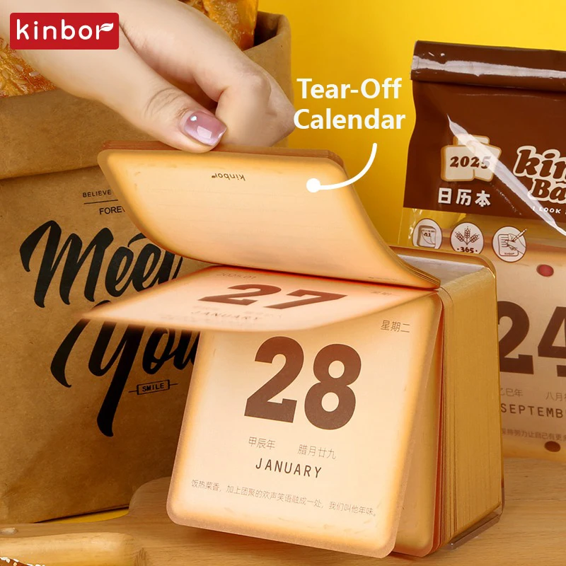 Kinbor Kawaii 2025 Desk Calendar Mini Toast Shape Vertical Tearable Notepad for Home Office School Daily Planner Creative Gift