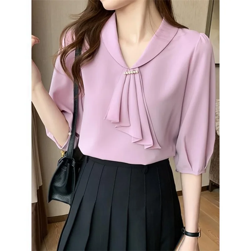 Women Summer Style Blouses Shirts Lady Office Wear OL Short Sleeve Bow Tie Collar Pink Blusas Tops WY1001