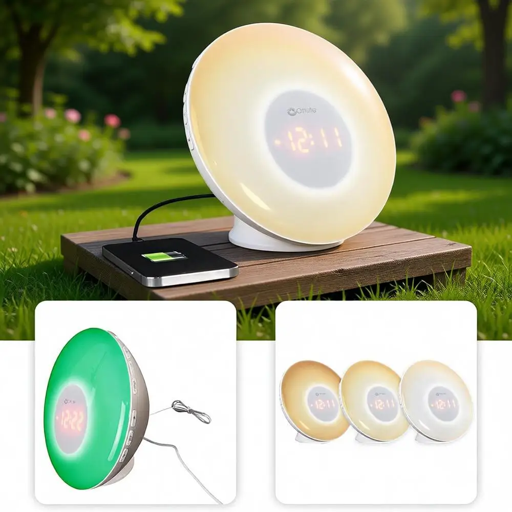 

Умный будильник с функцией пробуждения светом, белым шумом, изменением цвета, 7 звуками, повтором сигнала, для тех, кто легко не просыпается, лампа-имитация рассвета с USB-C