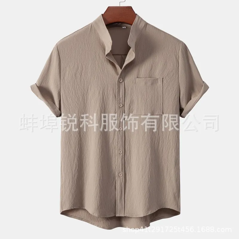 

Men's Short Sleeve Solid Color Casual Top Stand-Up Neck Cardigan Men's Casual Short Sleeve Shirt