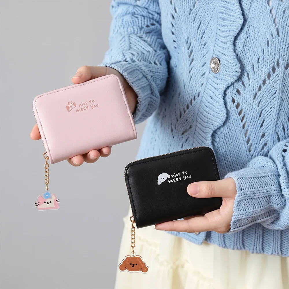 Women PU Leather Accordion Card Holder Multi-Slot Zipper Wallet Small Coin Purse with Cute Cat Charm Ladies Card Case