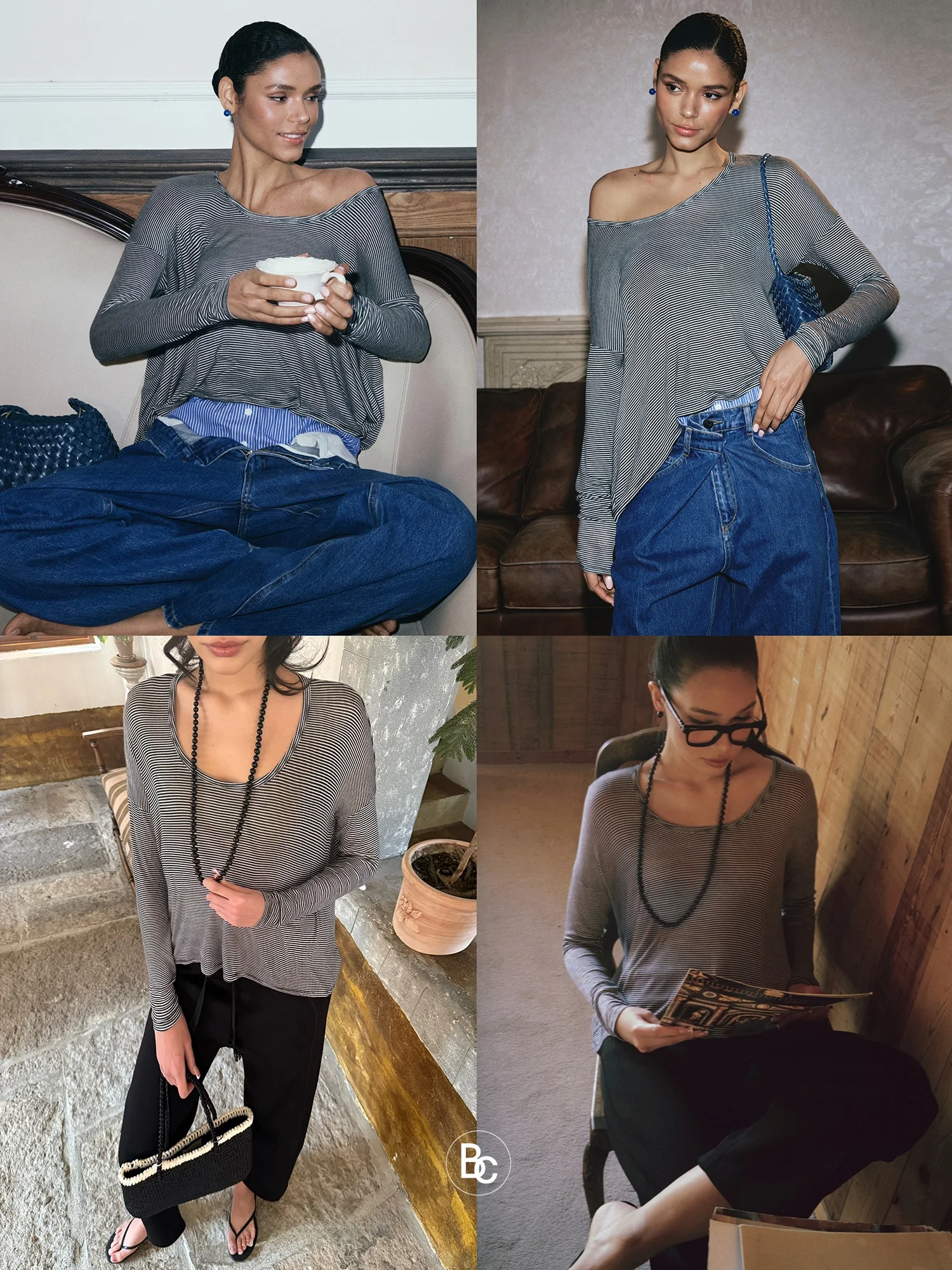 

Женский топ Betchow Casual из лиоцелла: свободный крой, длинный рукав, круглый вырез, в полоску, комфортный и дышащий