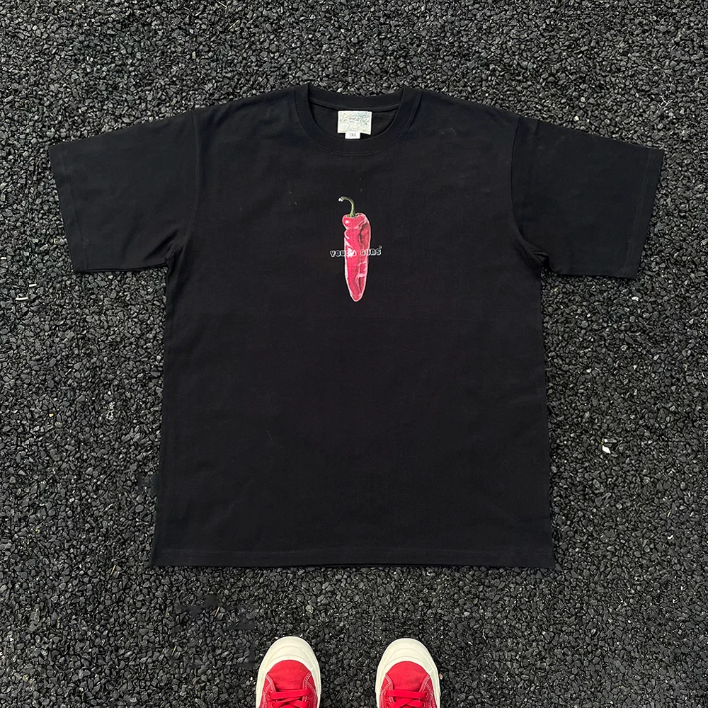 Breathable Shoulder Version Red Pepper Band Short Sleeve T-Shirt Comfortable Loose Fit round Neck Youthful Style for Summer