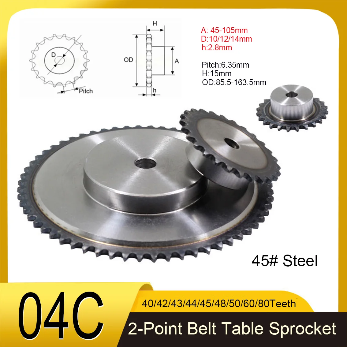 04C Belt Table Sprocket 40/42/43/44/45/48/50/60/80 Teeth 45 # Steel Industrial Drive Sprocket Hole 10/12/14mm Pitch 6.35mm