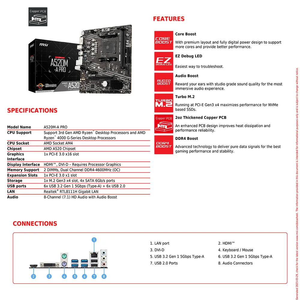 Msi amd A520M-A pro placa-mãe suporte ryzen cpu r3 r5 r7 5000 & 3000 séries mainboard am4 m.2 nvme duplo canal ddr4 completo novo