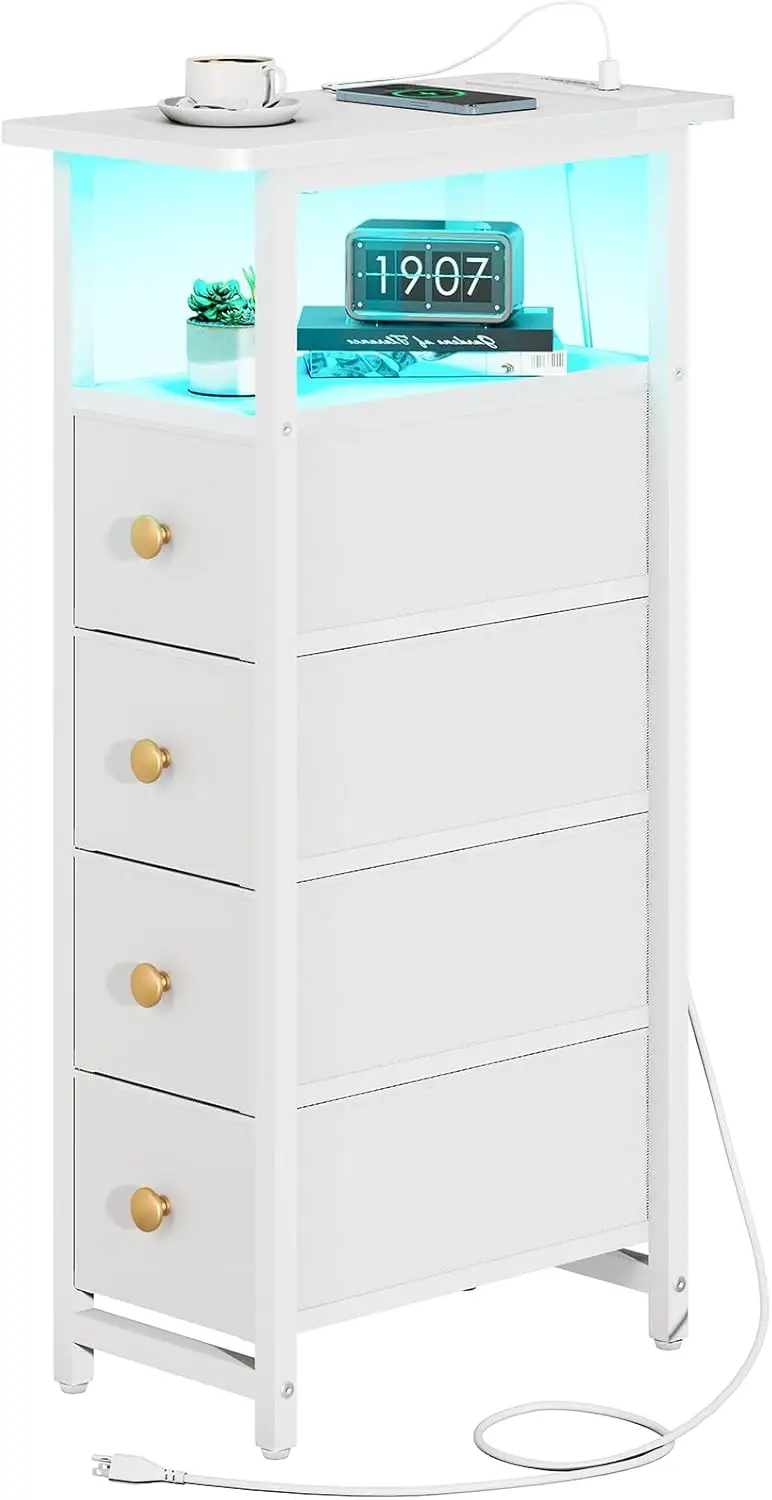 

Slim LED Nightstand with Charging Station, Storage Drawers for Small Spaces - White