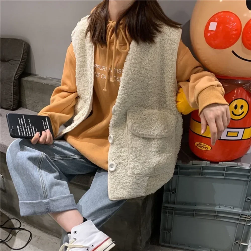 

Lamb Plush Korean Style Solid Color Vest for Women Coats on Sale Pretty Trend 2024 Elegant Demi-season Autumn Waistcoat Woman