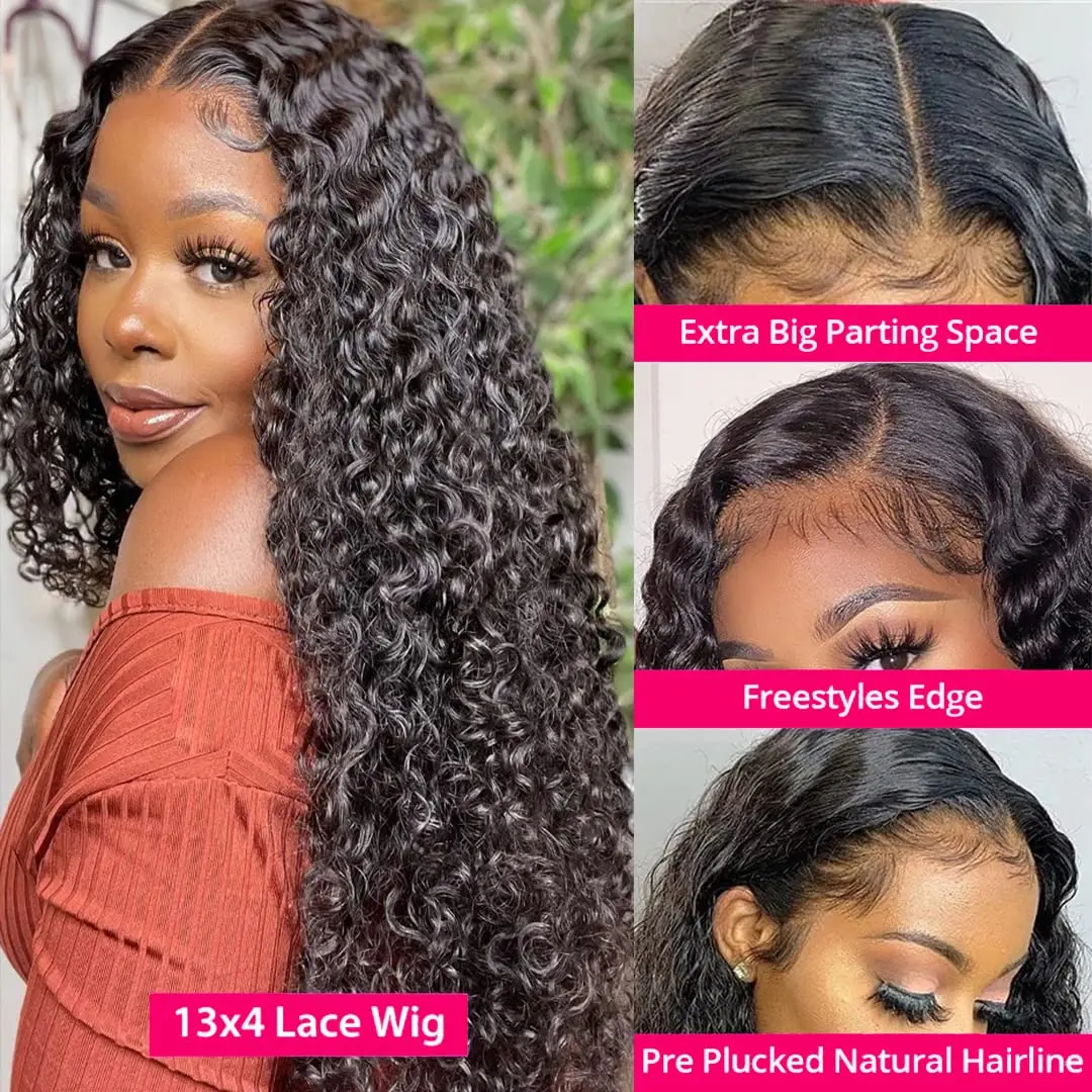 Perruque Lace Front Wig Deep Wave Brésilienne Remy Naturelle, Cheveux Humains, 13x4, Transparent, HD 26 30 Pouces, Densité 180, pour Femme