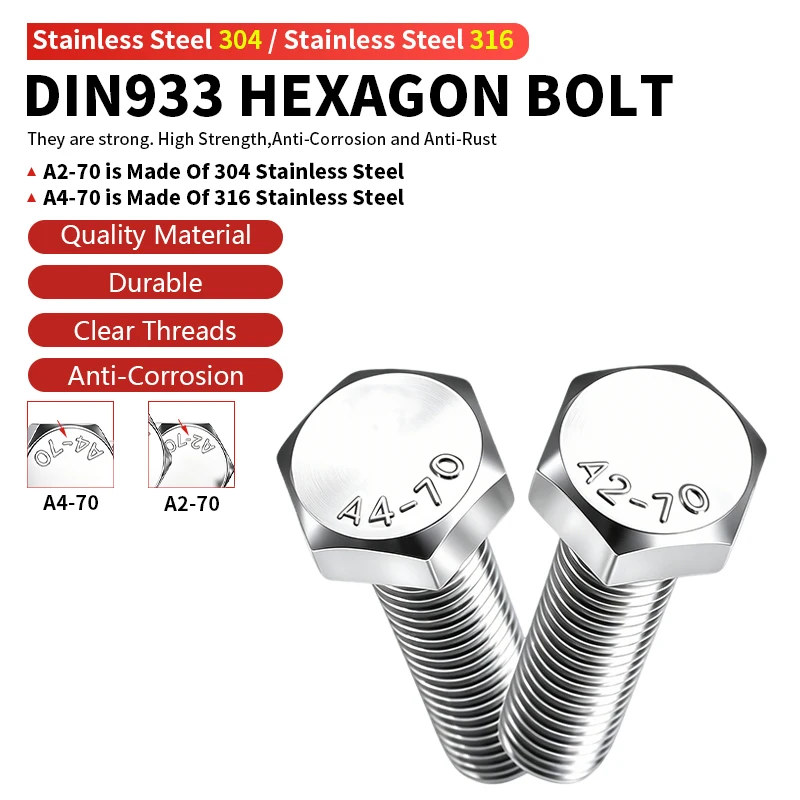 Parafuso Sextavado de Aço Inoxidável INOX DIN933 com Rosca Total, Parafuso de Máquina Hexagonal SS304 SS316, Fixador Métrico M3 M4 M5 M6 M8 M10 M12
