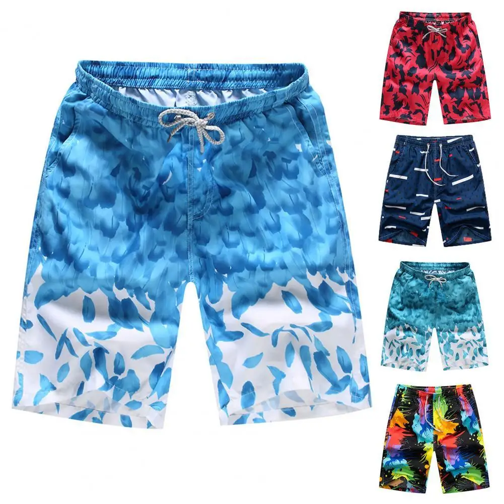 Summer Swimwear Men Swimsuit Elastic Waist Drawstring Pockets Male Shorts Feather Print Men Board Casual Shorts Swimming Trunks