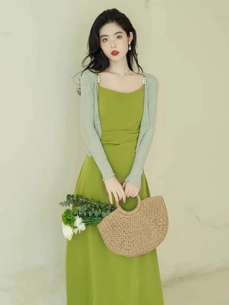 ผู้หญิงสีเขียว A-Line Dress Vintage Elegant แขนกุดปรับสายรัดฤดูร้อนคนดังวันหยุดเอวสูงแฟชั่น