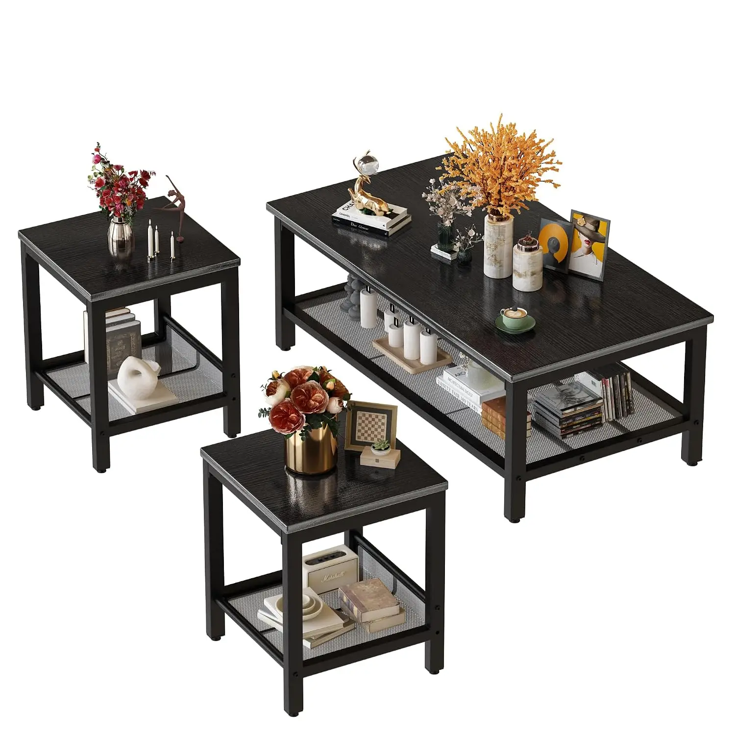 Industrial 3-Piece Table Set, Metal Frame Coffee Table with 2 End Tables for Apartment Home Office, Customized