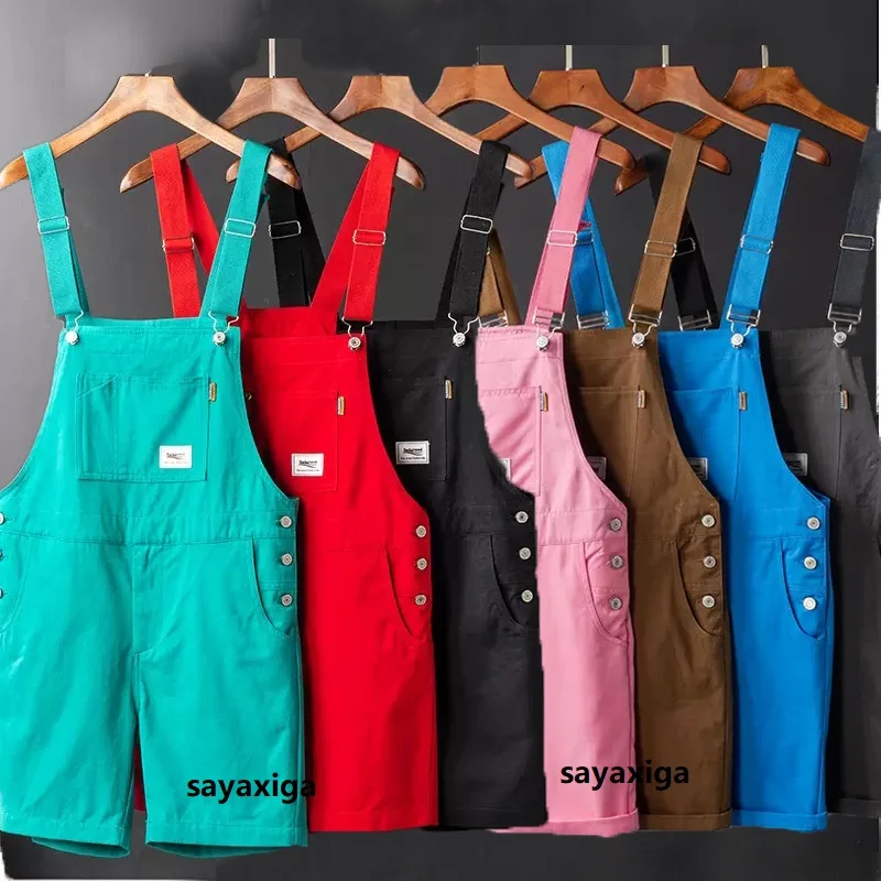 

Summer Men Bib Shorts Overalls Jumpsuits Cotton Straight Loose Red Orange Yellow Khaki Hip Hop Male Solid Casual Pants Clothing