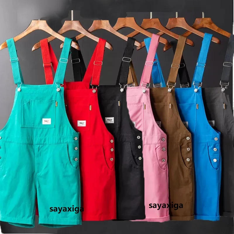 Summer Men Bib Shorts Overalls Jumpsuits Cotton Straight Loose Red Orange Yellow Khaki Hip Hop Male Solid Casual Pants Clothing