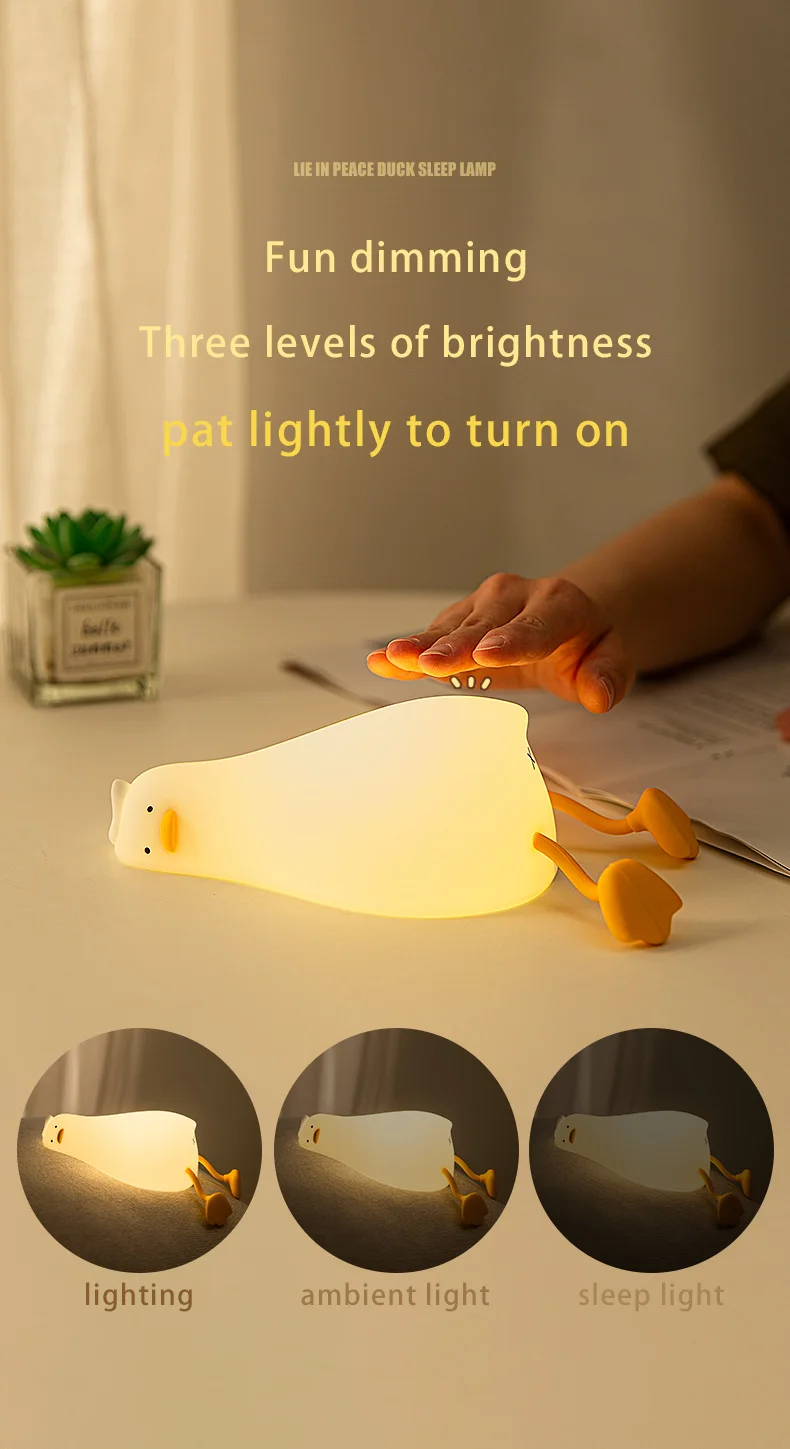 Duck Rechargeable LED Night Light Pat Silicone Lamp Bedside Cartoon Cute Children Nightlights for Home Room Decor Birthday Gift