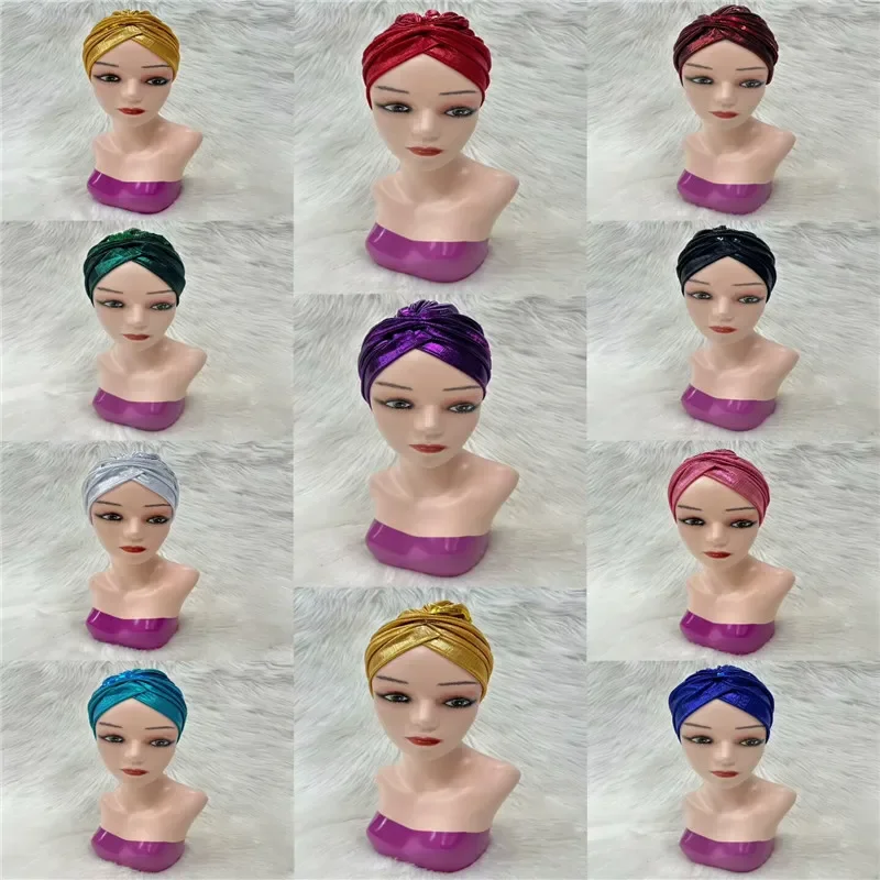 Latest Shinning Sequins Turban Cap for Women Ready Female Head Wraps African Auto Geles Aso Oke Headtie Already Made Headties 9L