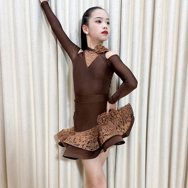 레이스 라틴 댄스 슈트 소녀 블랙 퍼포먼스 의상 긴팔 바디수트 러플 스커트 키즈 라틴 무대 의상 연습복 4281