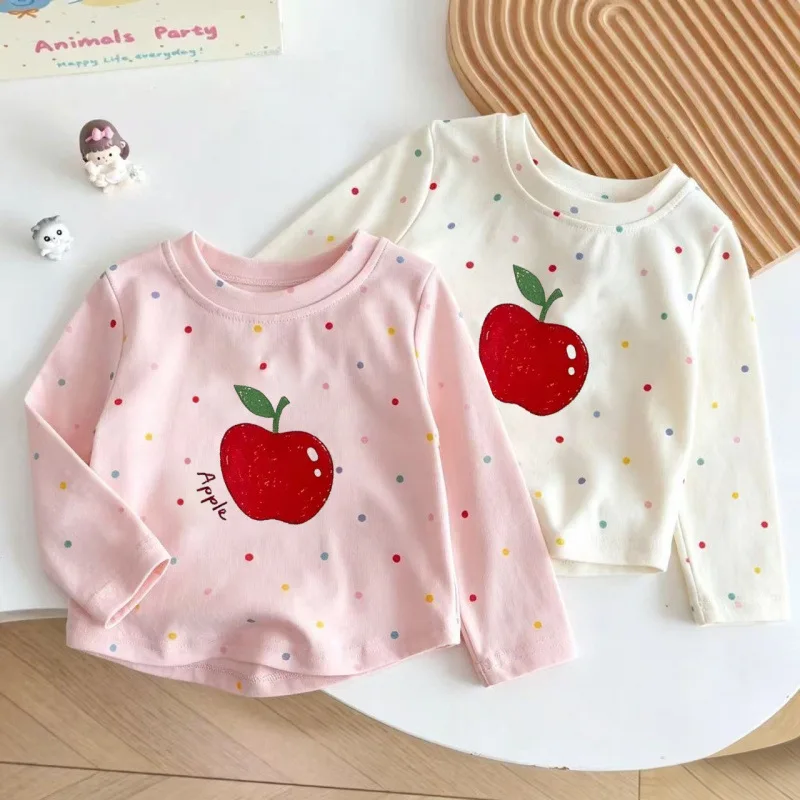 Cotton Kids Long Sleeve Polka Dot T Shirt New Spring Autumn Round Neck Cartoon Print Medium Small Baby Girl Undershirt Cotton T