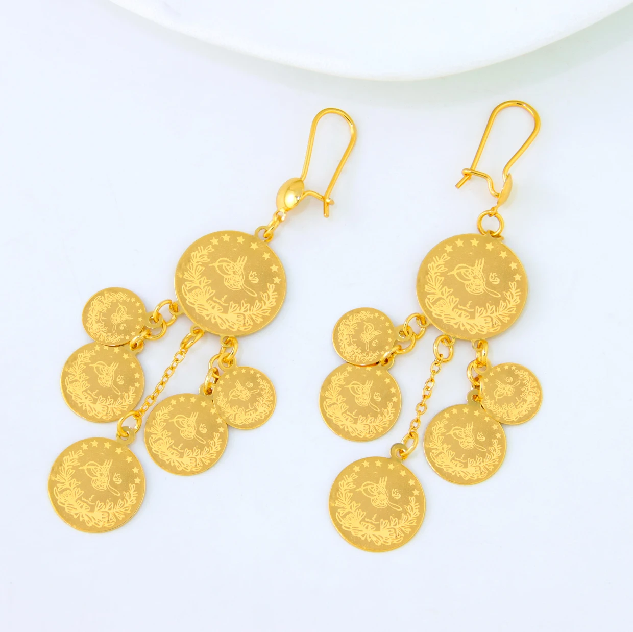 Arab Gold Color Coins Dangle Earrings 18k Copper Gold Plated Turkish Dubai Drop Earring Women Bridal Wedding Jewelry Gifts