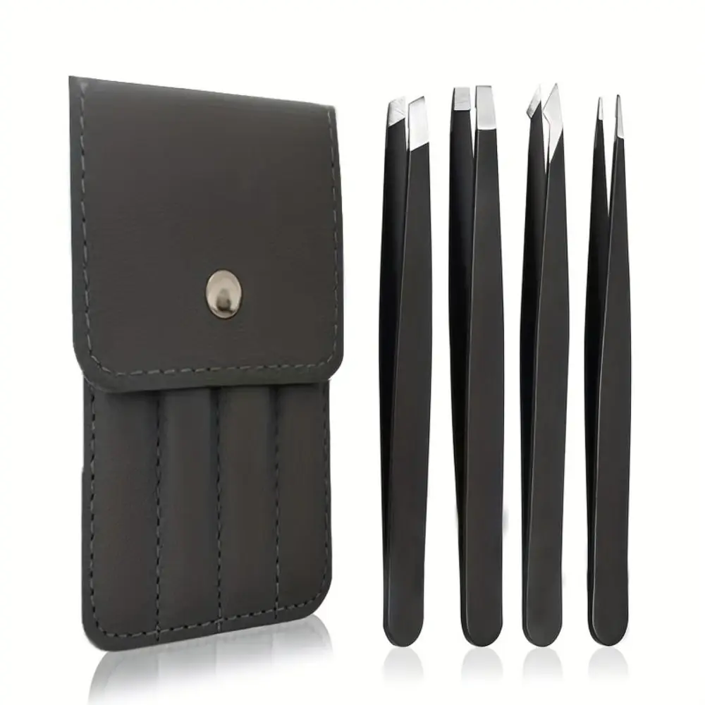 4 pçs/set pinças inclinadas de aço inoxidável conjunto com saco de armazenamento portátil pinças de barba ponta pontiaguda pinças de cílios ferramenta de beleza