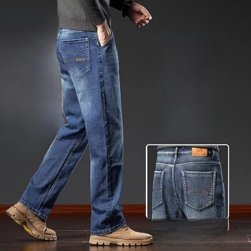 

Высококачественные мужские джинсы из Гуанчжоу Синьтан с флисовой подкладкой, широкие прямые брюки, повседневные свободные зимние джинсовые штаны