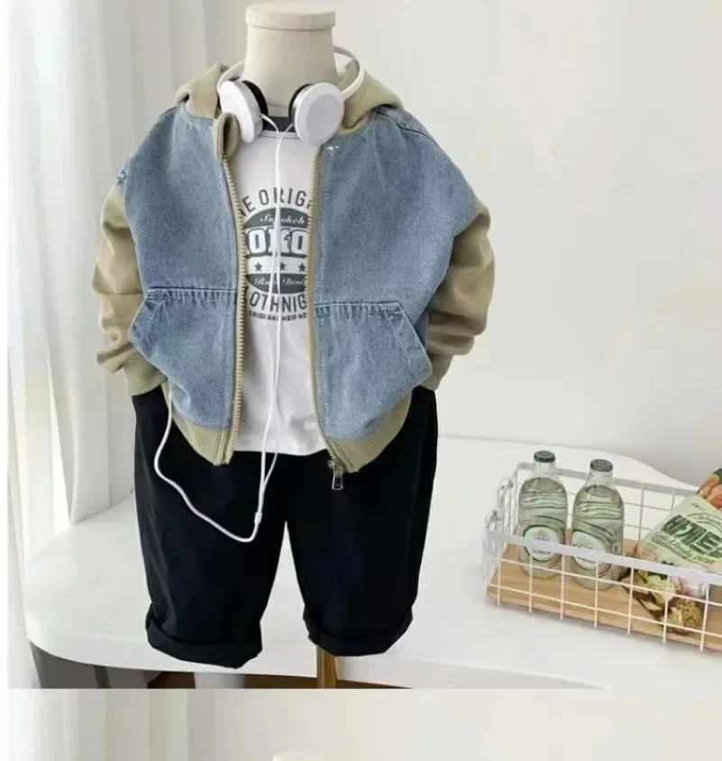 

Denim Jacket For Boy Girl New Korean Version Fashion Patchwork Hooded Coat Casual Spring Autumn Children's Clothing