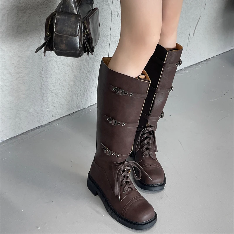 

Gothic Knee Length High Boots For Women Platform Motorcycle Boot Army Stripper Heels Punk Lace-up Belt Buckle Long Women Shoes