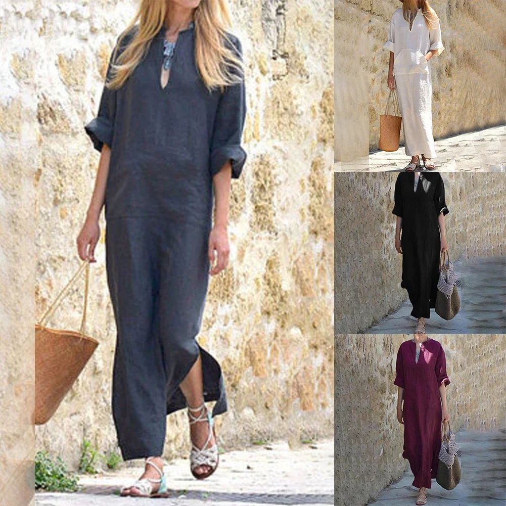 여성용 드레스 휴가 헐렁한 루즈 코튼 린넨 Kaftan 드레스 여성용 포켓 비 스트레치 솔리드 컬러 저렴한