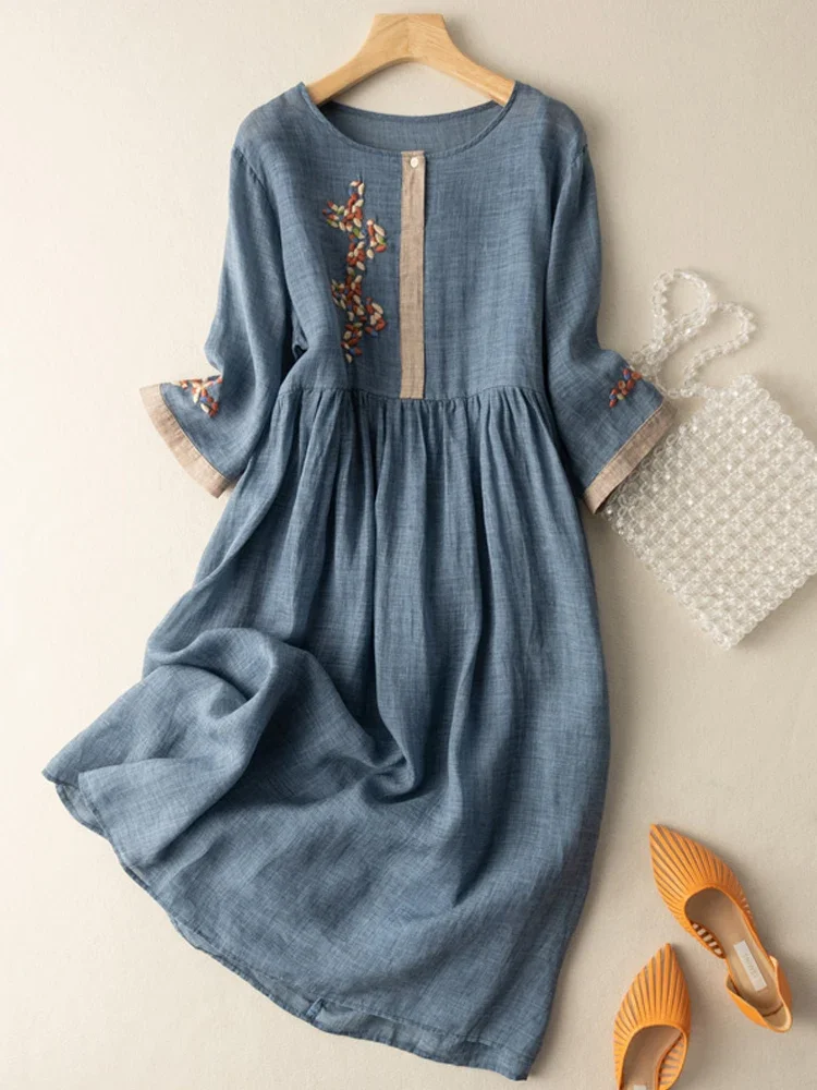 

2023 New Summer High Waist Short Sleeve O-Neck Vintage Women Dresses Cotton Flower Embroidered Ladies Sundress Robe Femme F-1987