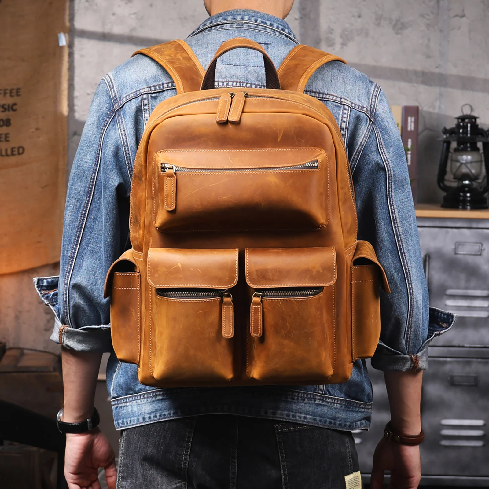 S.WORKER Vintage Echtleder Herrenrucksack Laptop-Tasche Vintage Freizeittasche Outdoor-Reise-Weekender-Tasche – Detail 5