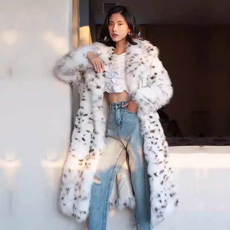 2025 Winter New Leopard Print Fur Integrated Long Suit Collar Imitation Fox Fur Mink Fur Fashion Coat Women
