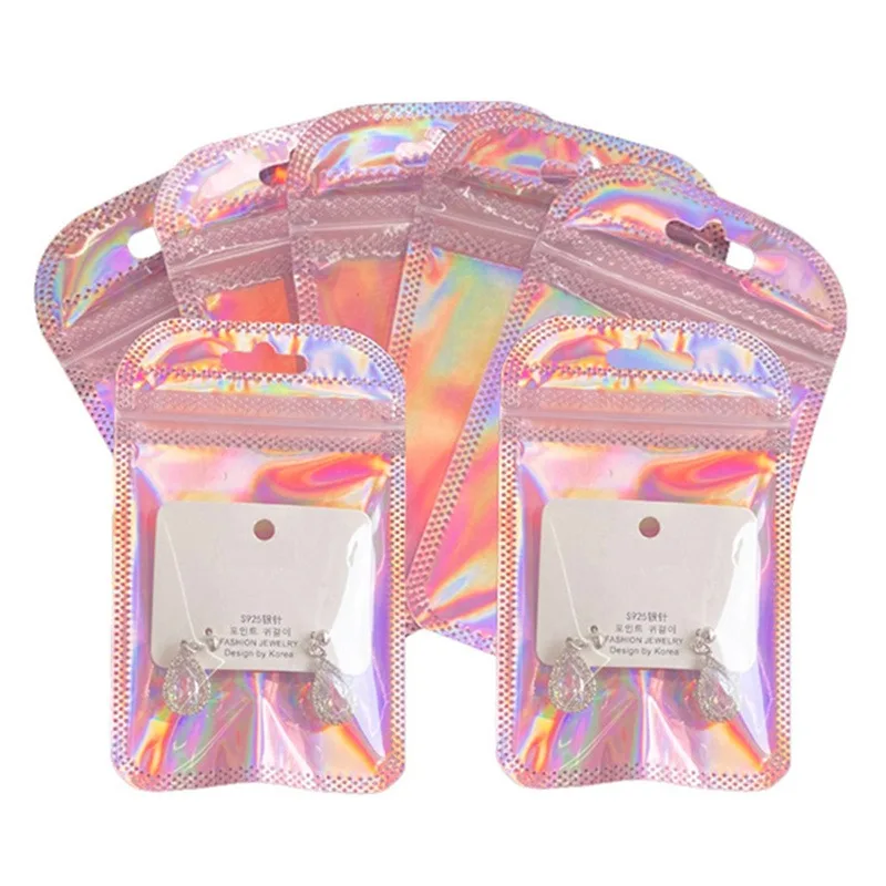 Iridescent Ziplock Bag Transparent Laser Thicken Plastic Seal Bags for Jewelry Display Handicrafts Nail Eyelash Packaging 50pcs