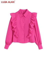 3 Colors New Women's Turndown Collar Cascading Ruffle Long Sleeve Casual Loose Shirt LUJIA ALAN S8350