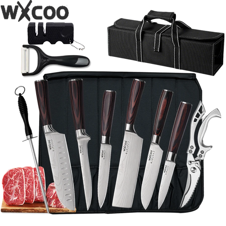 WXCOO اليابانية طقم السكاكين دمشق الليزر سكاكين المطبخ الأسماك فيليه اللحوم الساطور الفاكهة مقشرة Santoku القاطع مع حقيبة سكين