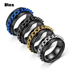 Bten 8mm Cool Black Spinner Chain Ring for Men Tire Texture Stainless Steel Rotatable Links Punk Male Anel