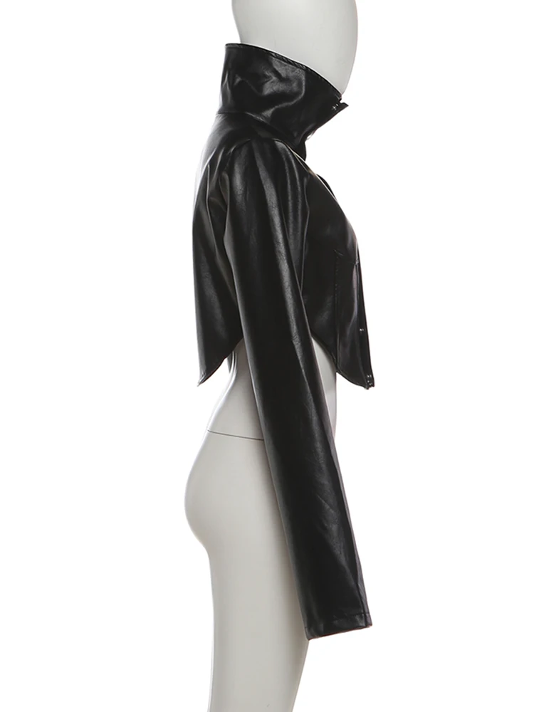 Nibber Hottie Crop Jacke Frauen Rollkragen Pu Unregelmäßige Zip Taste Volle Hülse Wilden Sexy Straße Mitternacht Herbst Hipster Mantel – Detail 4