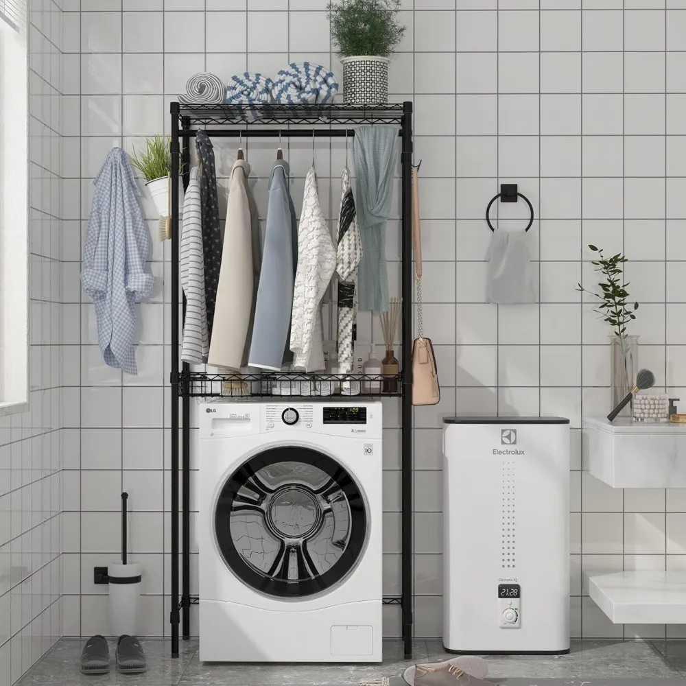 رف تجفيف الملابس بطبقتين قابل للتعديل مع رف تخزين وخطافات جانبية لتنظيم الغسيل