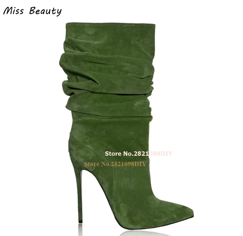 Green Suede Leather Slouchy Shirred Short Boot Pointed Toe Tubular 120Mm Stiletto High Heel Women Pointy Runway Bota