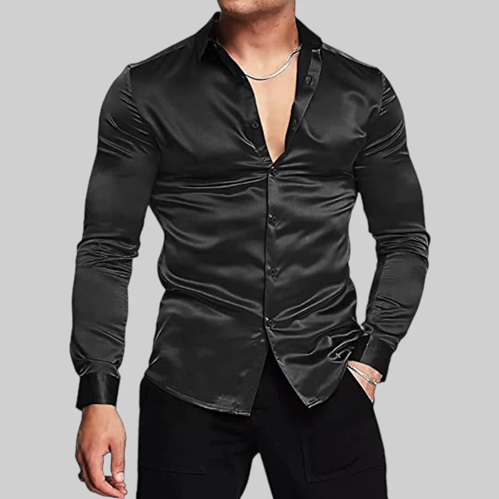 Men's Luxury Shiny Lapel Silk Satin Dress Shirts Long Sleeve Fashion Disco Party Prom Blouse Slim Fit Muscle Button Tuxedo Shirt