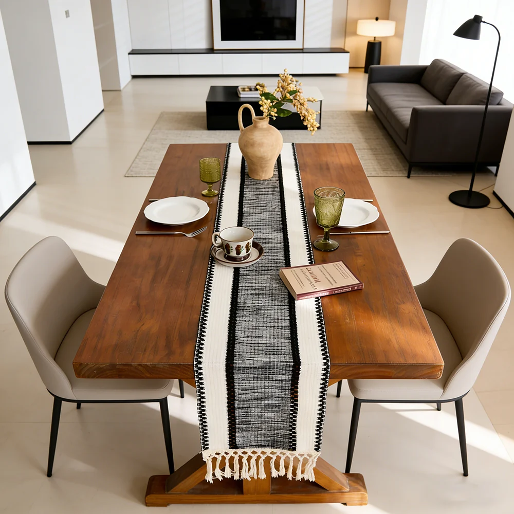 Black Boho Striped Green Table Runner - Hand - Woven Tassels, Ideal for Spring Tables, Round Coffee Tables & Rustic Home Decor