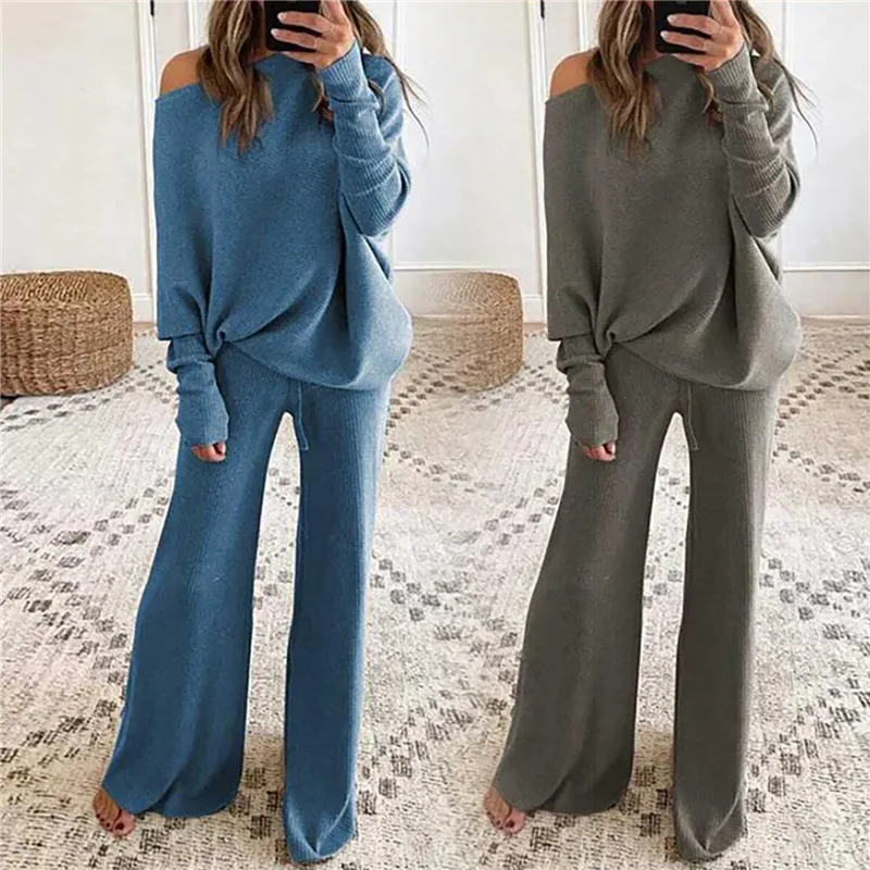 2pcs Pant Suits Women Pajamas Outfits Knitted Loose Casual Pullover Homewear Elastic Waist  Autumn Winter Tracksuits Pajama