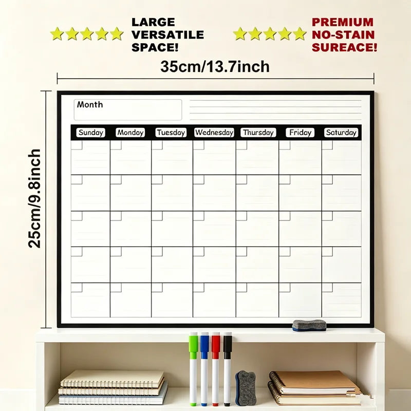 Magnetic refrigerator calendar planner is erasable and reusable, making it easy to organize kitchen refrigerators and meal plans