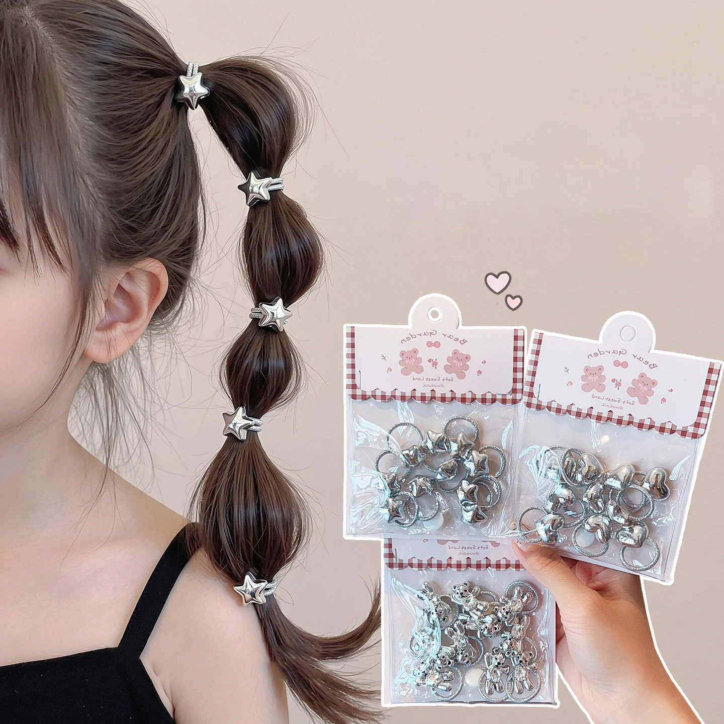 Niedliche Haargummis mit Perlen für Kinder, silberner Bär, Stern, Herz, elastische Haarbänder, Mädchen-Pferdeschwanzhalter, süße Haaraccessoires für Kleinkinder und Kinder – Detail 1