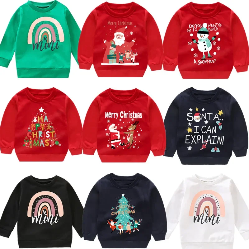 Baby Girl Winter Warm Clothes 2-6T Toddler Girl Red Christmas Party Costume Kids Santa Claus Printed Hoodies Boys Sweatshirts