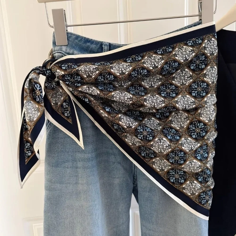 

Fashion Multi-functional Floral Triangle Scarf Matching Pants Silk Satin Waist Belt Women's Necktie Summer