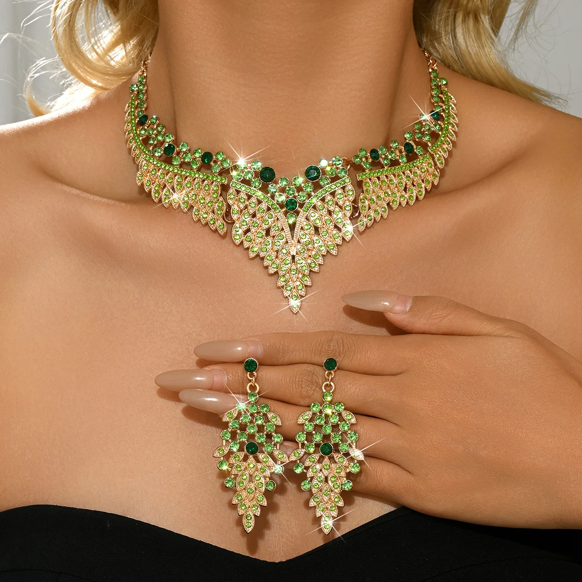 Damen Mehrfarbiges Diamant-Extravagantes Halsketten- und Ohrring-Set (2-teilig) für Bankett, Ball und Partykleid mit Accessoires – Detail 9
