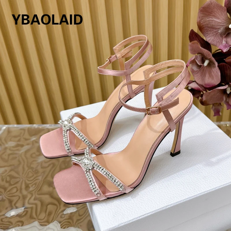 

Cross Design Rhinestones Sandals Women Open Square Toe Thin High Heel Summer Shoes Green Silk Satin Fahsion Party Banquet Shoes