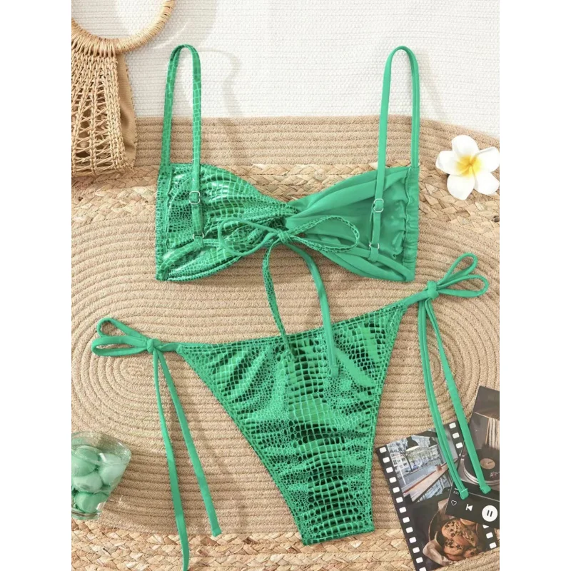 2025New Solid Color Shiny Fashion Gathered Backless Bikini Women's Two-Piece Swimsuit