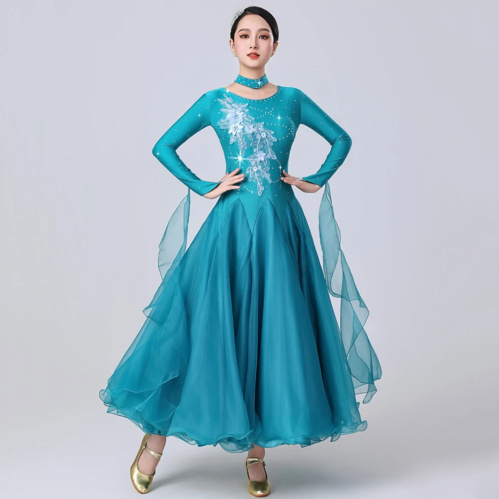 Vestido de competición de baile estándar, calcomanía de baile de salón de manga larga para mujer, vestido ajustado de práctica de baile con cuello redondo y diamantes de imitación