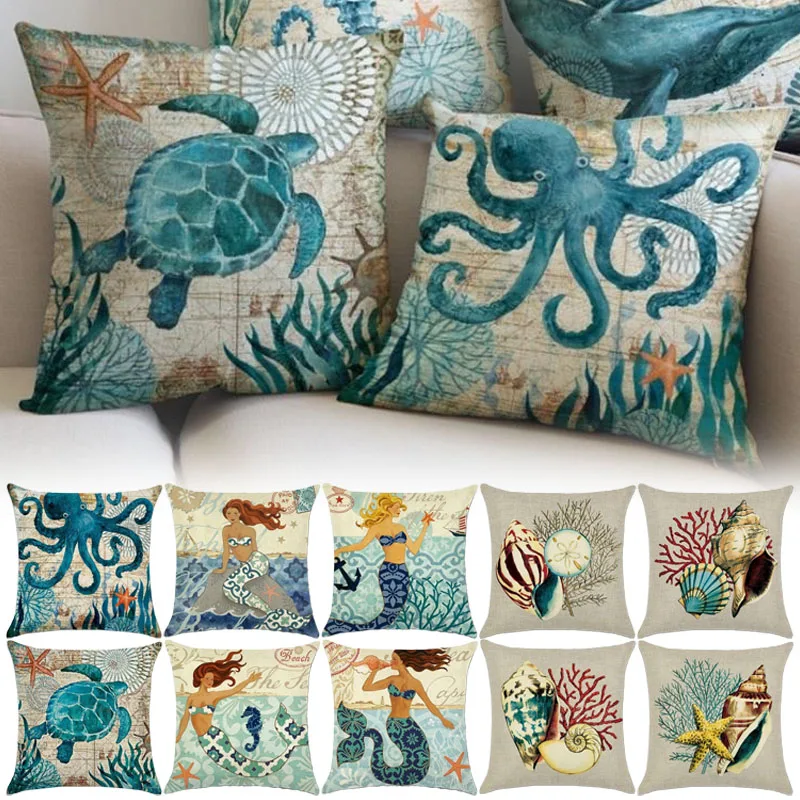 

1PC Marine Organism Winter Throw Pillow Covers, Mermaid Sea Turtle Seahorse Starfish ConchCushion Case Decoration for Sofa Couch